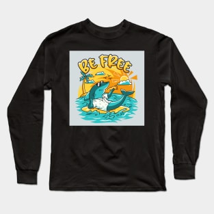 chilling-shark-character-eat-pizza-summer-beach Long Sleeve T-Shirt